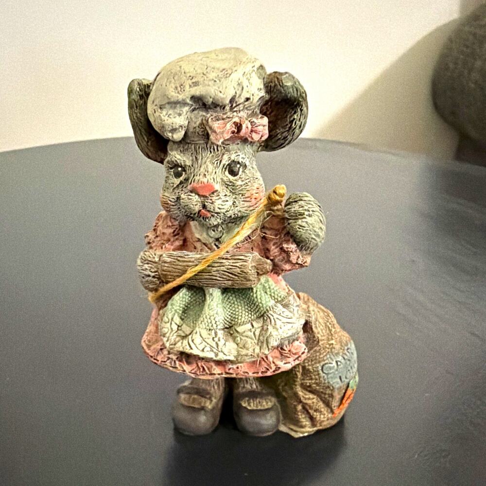 SA Signed Painted 1992 Flower Mouse Figurine Gray Pink Green Resin